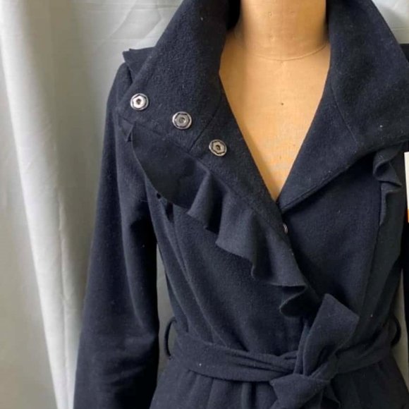 PORTMANS Wool blend Black Ruffle Belt Winter Coat - Picture 5 of 8